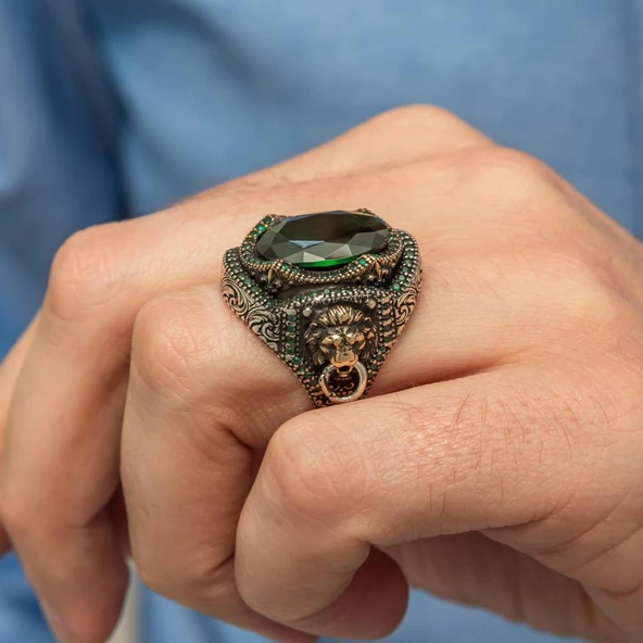 Aslan Başı Kapı Tokmak Modeli Yeşil Taşlı 925 Gümüş Yüzük - Resim 2
