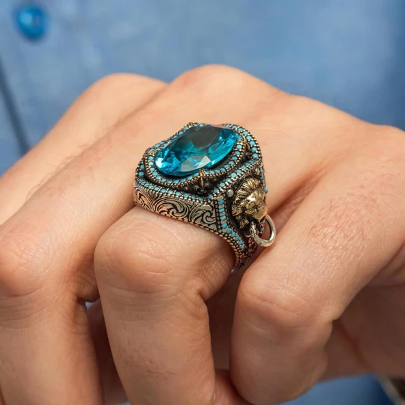 Aslan Başı Kapı Tokmak Modeli Mavi Taşlı 925 Gümüş Yüzük - Resim 7