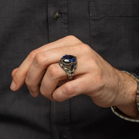 Oval Parlament Mavisi Taşlı 925 Gümüş Yüzük - Resim 4