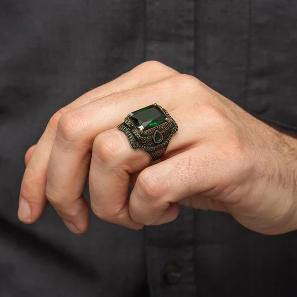 Yeşil Taşlı Dikdörtgen Tasarım 925 Gümüş Yüzük - Resim 5