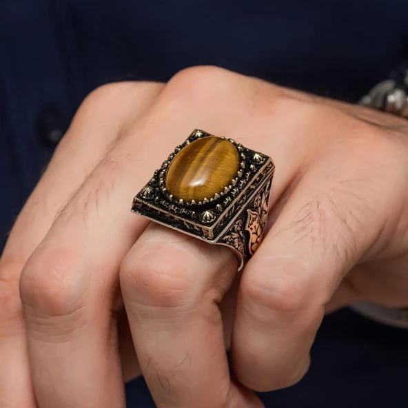 Kaplan Gözü Oval Taşlı 925 Gümüş Yüzük - Resim 3