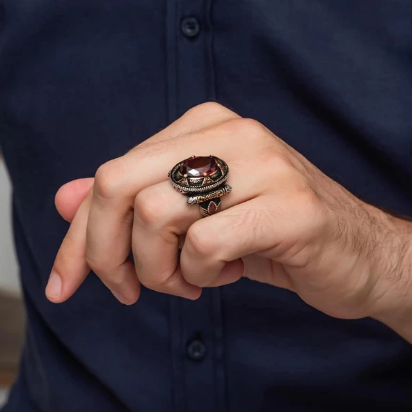 Oval Kırmızı Taşlı 925 Gümüş Erkek Yüzük - Resim 4