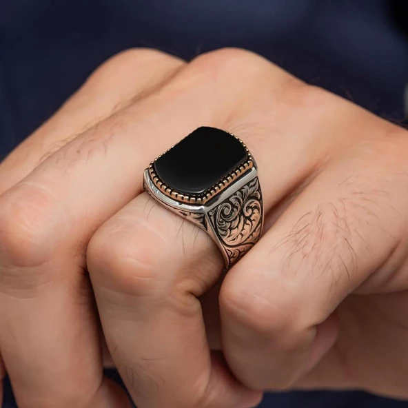 Siyah Oniks Taşlı Oyma Motif 925 Gümüş Erkek Yüzük - 6