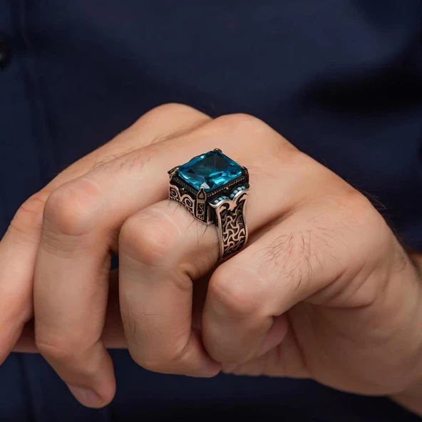 Aqua Mavi Taşlı Kare 925 Gümüş Erkek Yüzük - 2