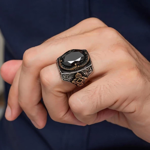 Siyah Taşlı 925 Gümüş Erkek Yüzük - 6