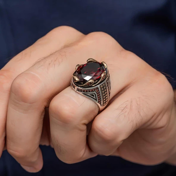 Kırmızı Taşlı Dalga Desen 925 Gümüş Yüzük - Resim 3