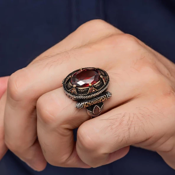 Oval Kırmızı Taşlı 925 Gümüş Erkek Yüzük - Resim 7