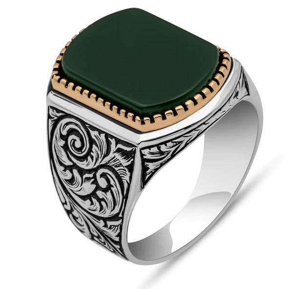 Yeşil Akik Taşlı Oyma Motif 925 Gümüş Erkek Yüzük - Resim 2