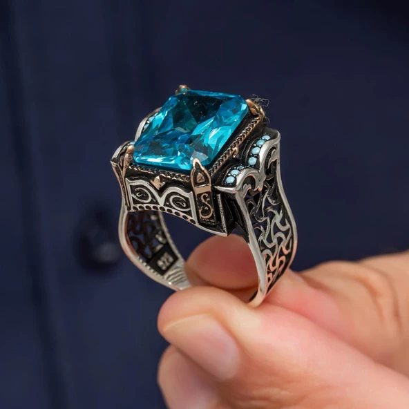 Aqua Mavi Taşlı Kare 925 Gümüş Erkek Yüzük - 8