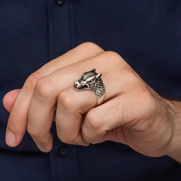 Kurt Başı Motifli 925 Gümüş Yüzük - Resim 9