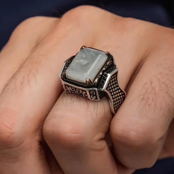 Beyaz Paraipa Taşlı 925 Gümüş Erkek Yüzük - 7