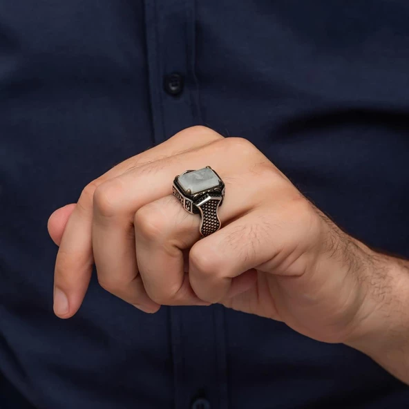 Beyaz Paraipa Taşlı 925 Gümüş Erkek Yüzük - 5