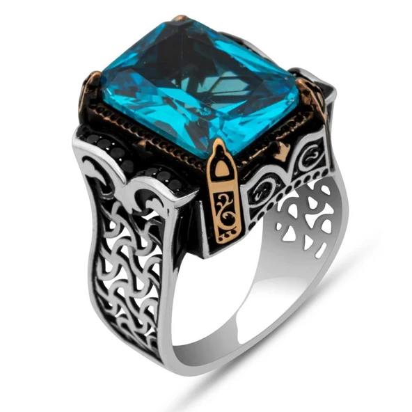 Aqua Mavi Taşlı Kare 925 Gümüş Erkek Yüzük