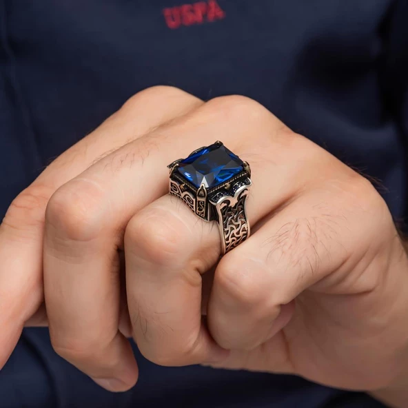 Parlament Taşlı Kare 925 Gümüş Erkek Yüzük - Resim 7