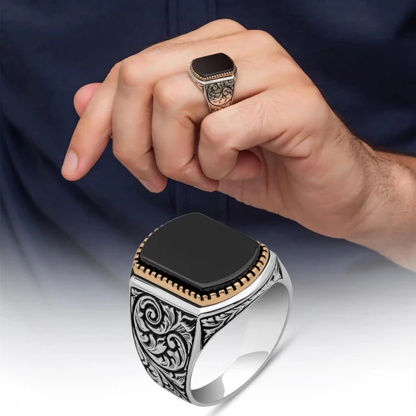 Siyah Oniks Taşlı Oyma Motif 925 Gümüş Erkek Yüzük