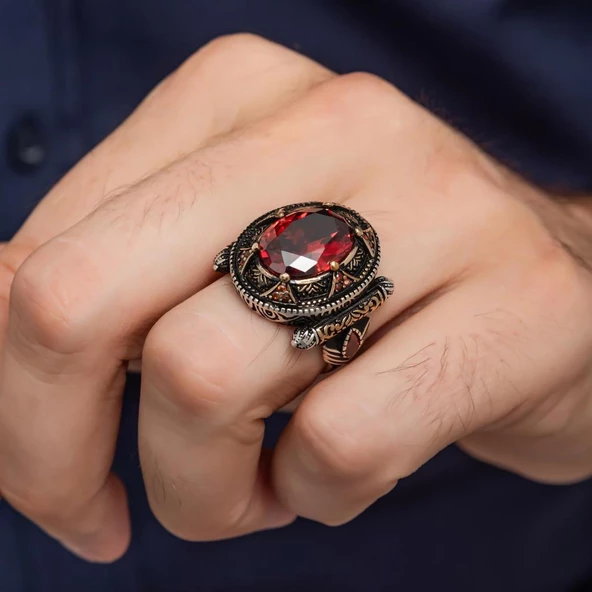 Oval Kırmızı Taşlı 925 Gümüş Erkek Yüzük - Resim 3
