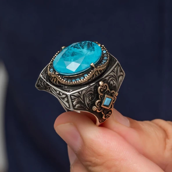 Mavi Paraipa Taşlı 925 Gümüş Erkek Yüzük - Resim 5