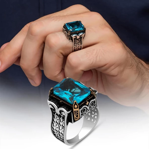 Aqua Mavi Taşlı Kare 925 Gümüş Erkek Yüzük - 4