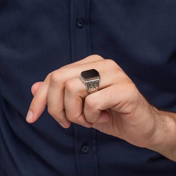 Siyah Oniks Taşlı Oyma Motif 925 Gümüş Erkek Yüzük - 4