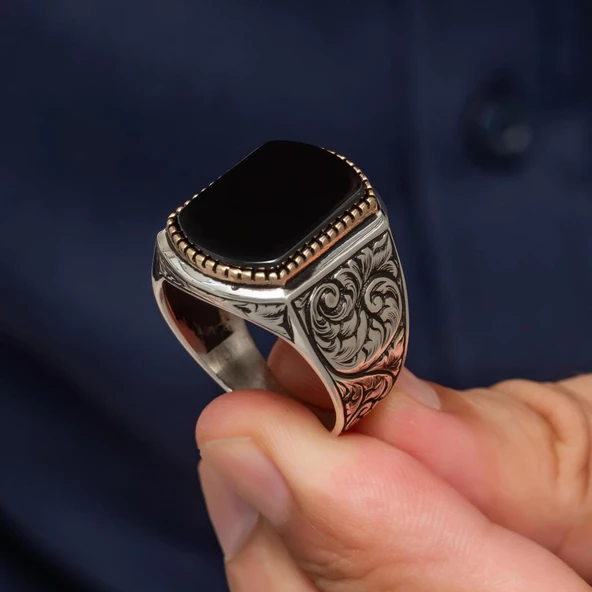 Siyah Oniks Taşlı Oyma Motif 925 Gümüş Erkek Yüzük - 5