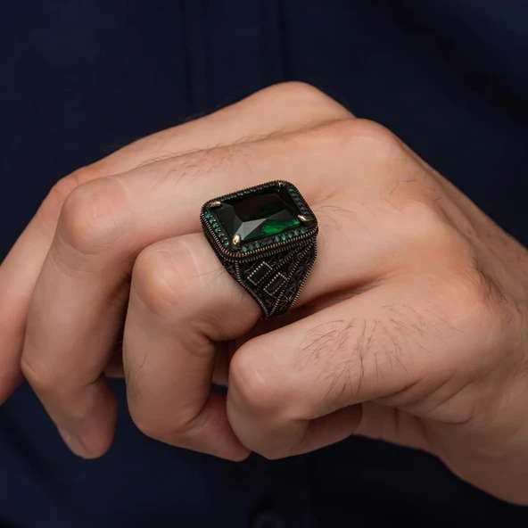 Yeşil Taşlı 925 Gümüş Erkek Yüzük - Resim 5