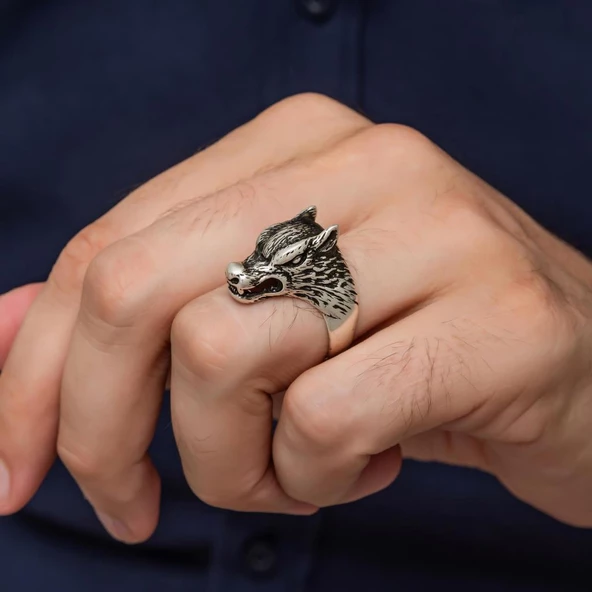 Kurt Başı Motifli 925 Gümüş Yüzük - Resim 4