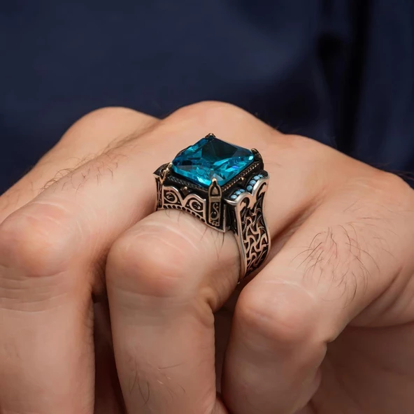 Aqua Mavi Taşlı Kare 925 Gümüş Erkek Yüzük - 3