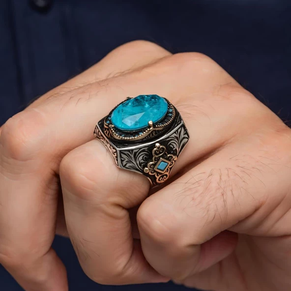 Mavi Paraipa Taşlı 925 Gümüş Erkek Yüzük - Resim 6