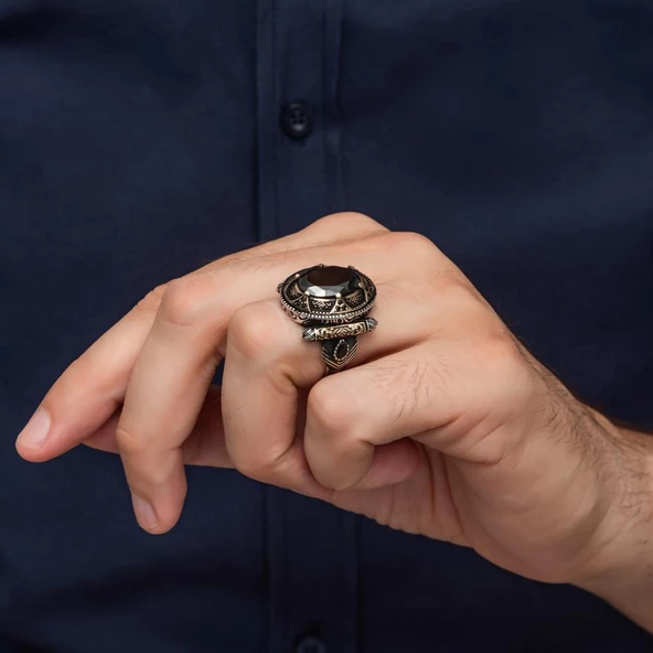 Oval Siyah Taşlı 925 Gümüş Erkek Yüzük - Resim 4