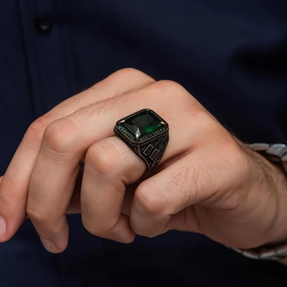Yeşil Taşlı 925 Gümüş Erkek Yüzük - Resim 4