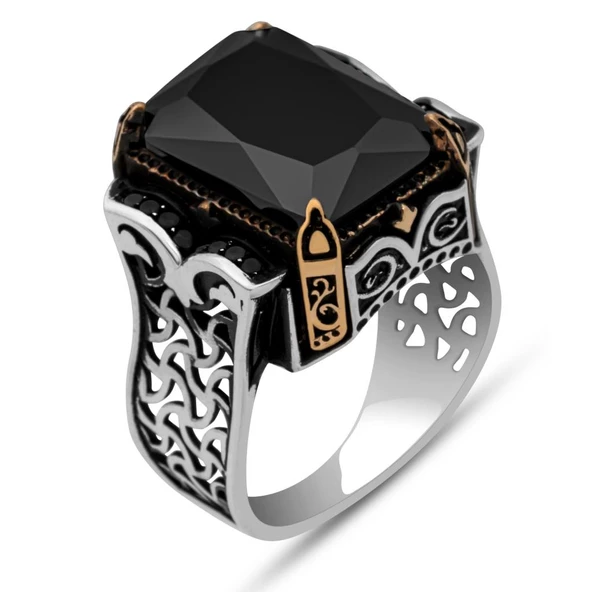 Siyah Taşlı Kare 925 Gümüş Erkek Yüzük - Resim 2