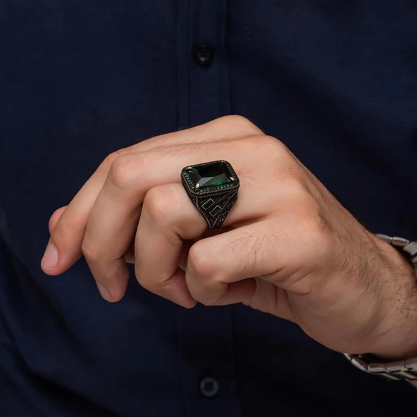 Yeşil Taşlı 925 Gümüş Erkek Yüzük - Resim 6