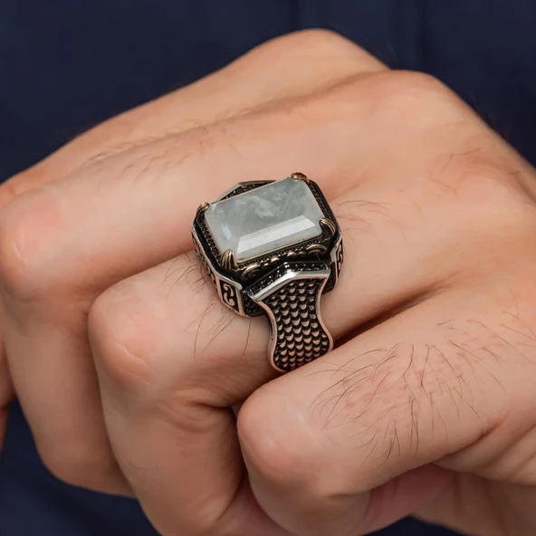 Beyaz Paraipa Taşlı 925 Gümüş Erkek Yüzük - 3