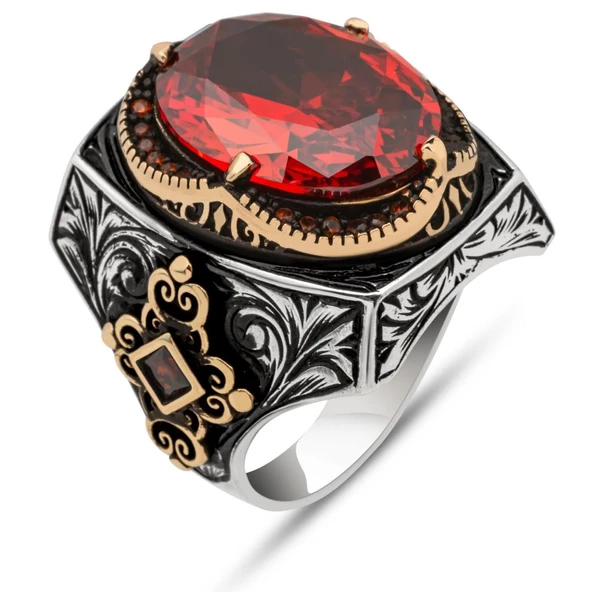 Kırmızı Taşlı 925 Gümüş Erkek Yüzük - Resim 2