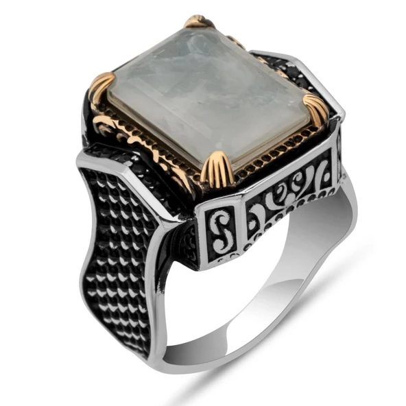 Beyaz Paraipa Taşlı 925 Gümüş Erkek Yüzük - 2