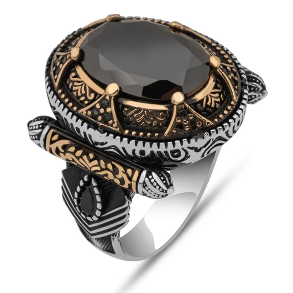 Oval Siyah Taşlı 925 Gümüş Erkek Yüzük - Resim 2