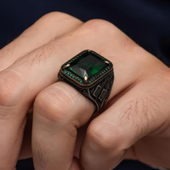 Yeşil Taşlı 925 Gümüş Erkek Yüzük - Resim 3