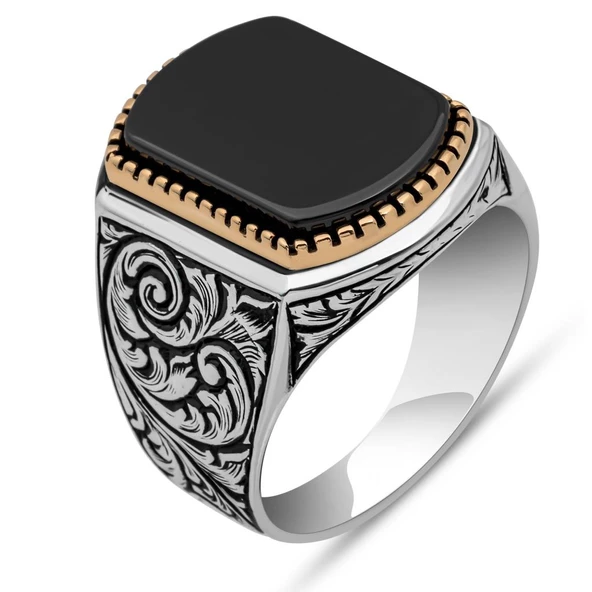 Siyah Oniks Taşlı Oyma Motif 925 Gümüş Erkek Yüzük - 2