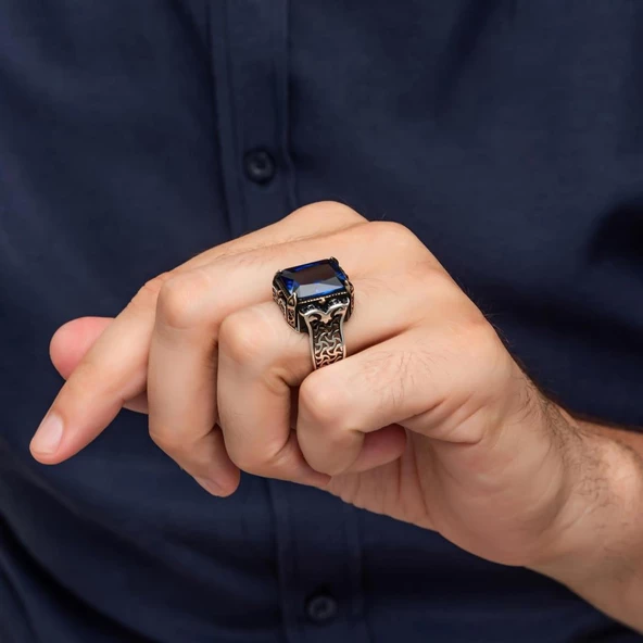 Parlament Taşlı Kare 925 Gümüş Erkek Yüzük - Resim 5