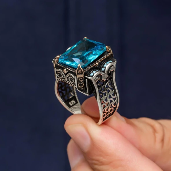 Aqua Mavi Taşlı Kare 925 Gümüş Erkek Yüzük - 7