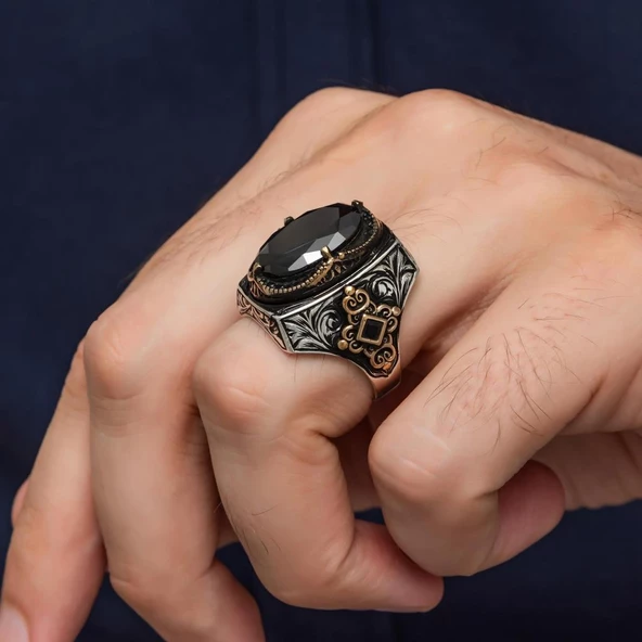 Siyah Taşlı 925 Gümüş Erkek Yüzük - 3