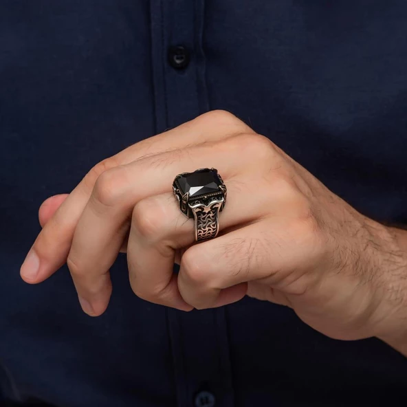 Siyah Taşlı Kare 925 Gümüş Erkek Yüzük - Resim 4