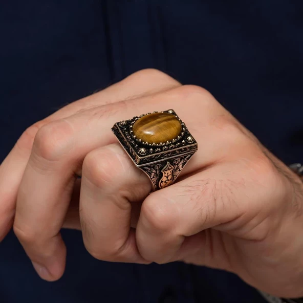 Kaplan Gözü Oval Taşlı 925 Gümüş Yüzük - Resim 4