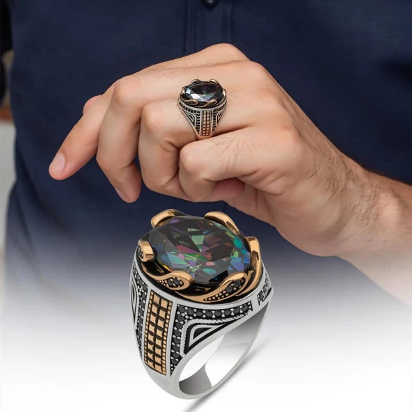 Mistik Topaz Taşlı Dalga Desen 925 Gümüş Yüzük
