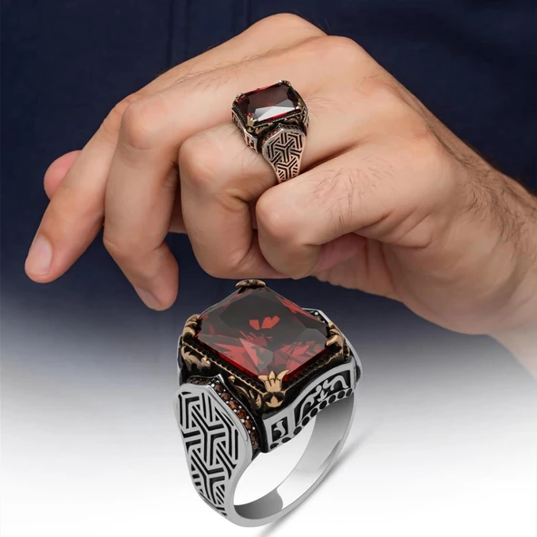Kırmızı Taşlı Kare 925 Gümüş Erkek Yüzük ürün görseli
