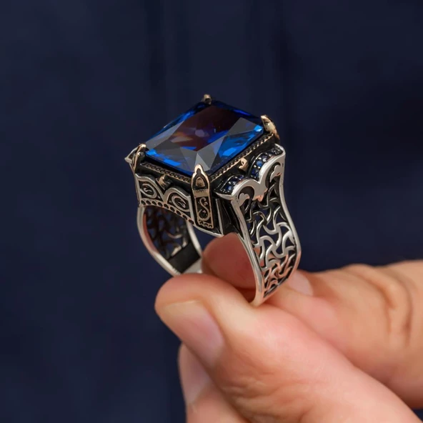 Parlament Taşlı Kare 925 Gümüş Erkek Yüzük - Resim 3