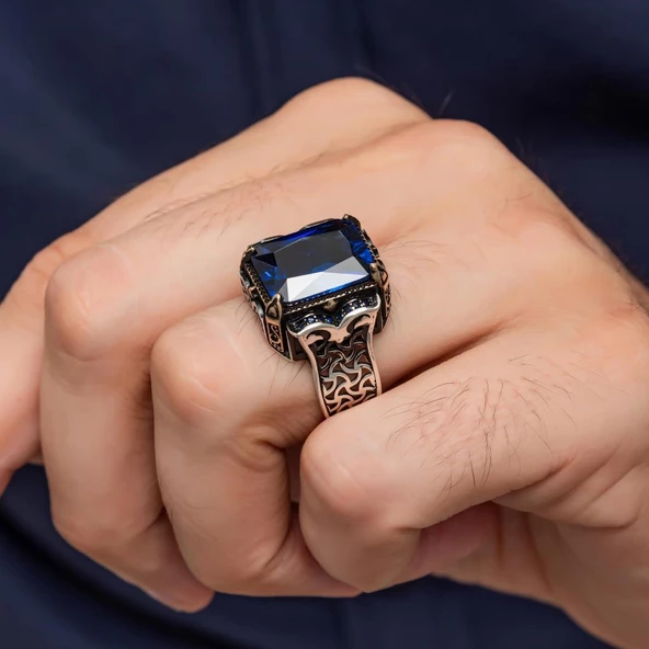 Parlament Taşlı Kare 925 Gümüş Erkek Yüzük - Resim 6