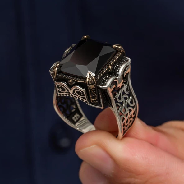 Siyah Taşlı Kare 925 Gümüş Erkek Yüzük - Resim 5