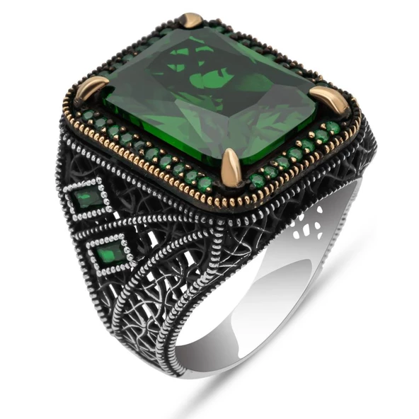 Yeşil Taşlı 925 Gümüş Erkek Yüzük - Resim 2