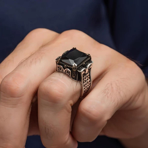 Siyah Taşlı Kare 925 Gümüş Erkek Yüzük - Resim 7